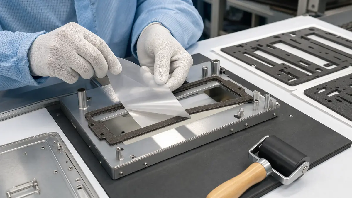 Technician laminating a die-cut double-sided adhesive layer onto a conductive foam EMI shielding gasket